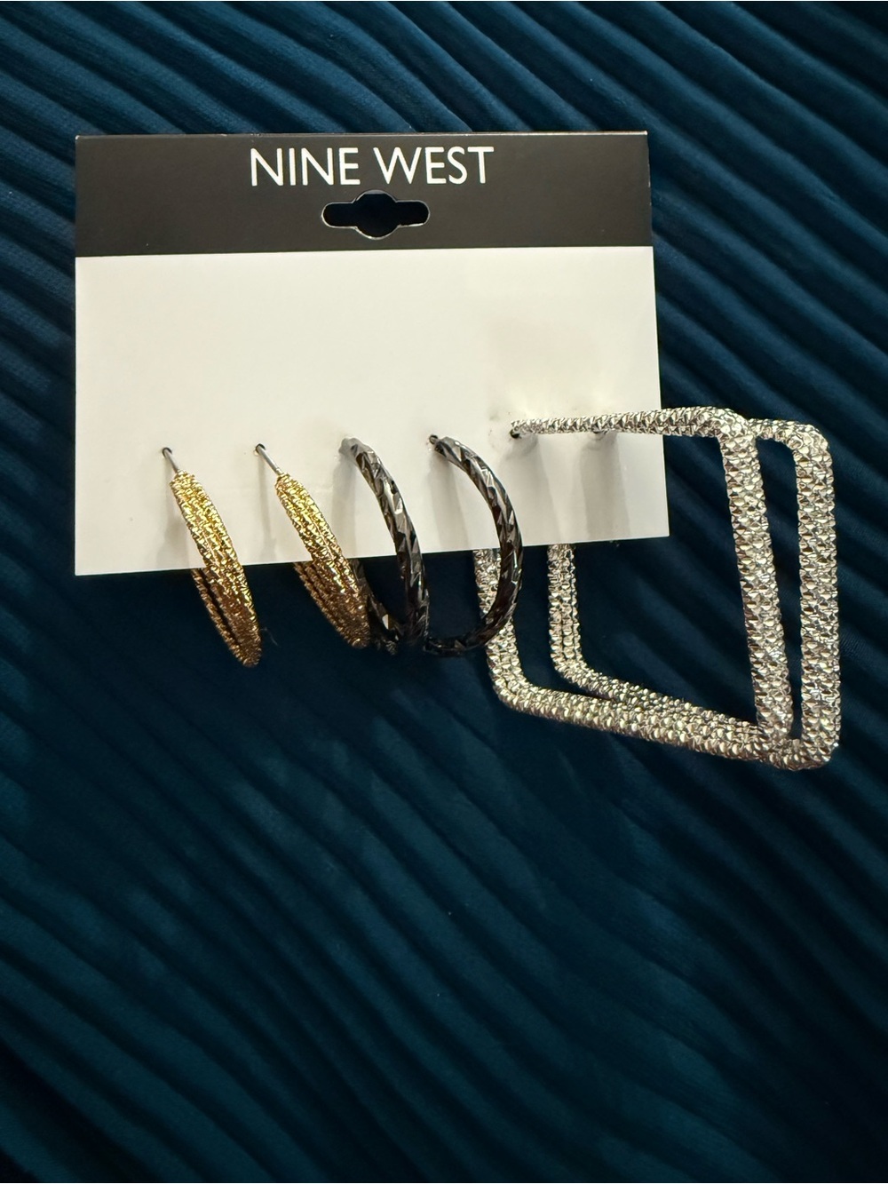 Nine West Mixed Metal Hoop & Square Earring 3 Set - Gold, Black, Silver